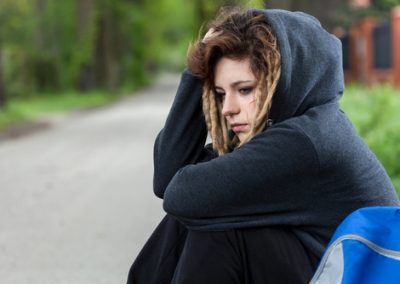 Depressed,Young,Girl,In,Hood,Sitting,Down,On,Road